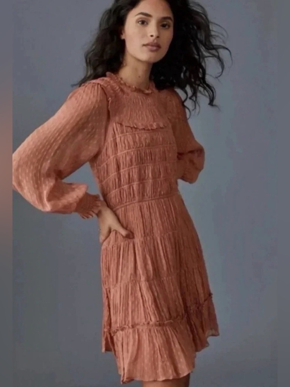 Anthropologie Dalia Smocked Ruffle Mini Dress XS Rust Rose Cottagecore